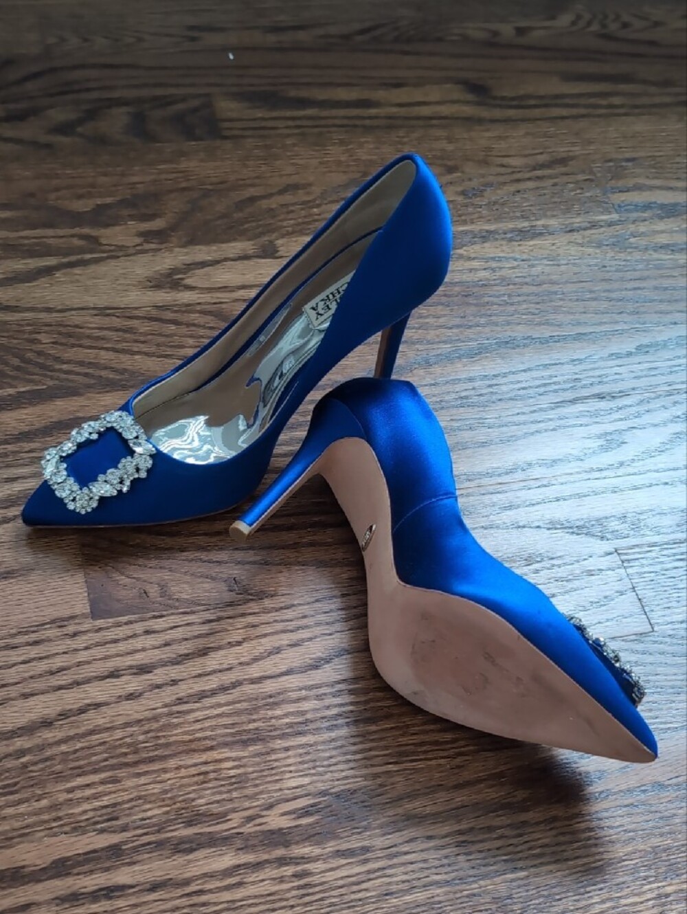 Badgley Mischka Cobalt Blue Satin Pointed-Toe Pumps with Crystal Buckles - Picture 8 of 8